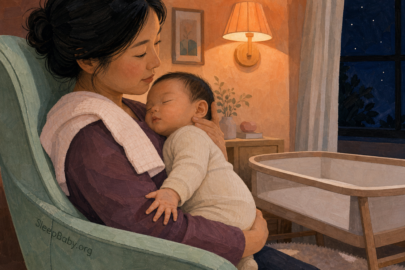 Relaxed Hands After a Finished Sleepy Feed A mother holds a sleepy baby upright while watching relaxed hands and easy breathing.