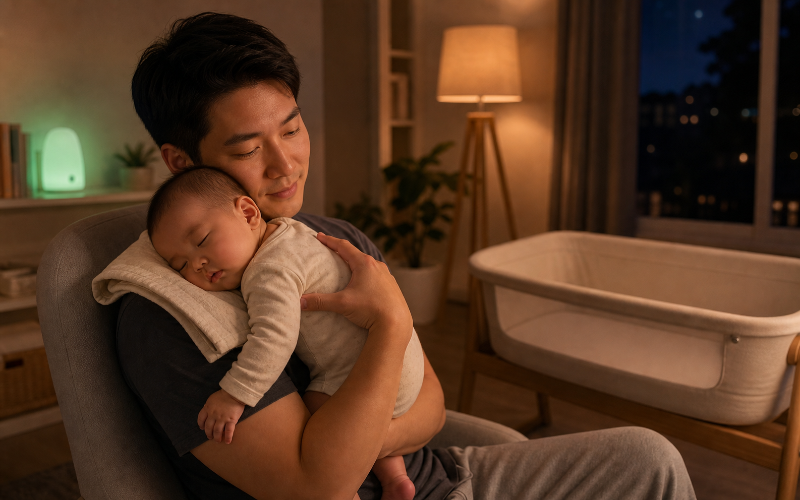 A father holds his sleeping baby upright after feeding and checks the baby’s relaxed face beside an empty bassinet.
