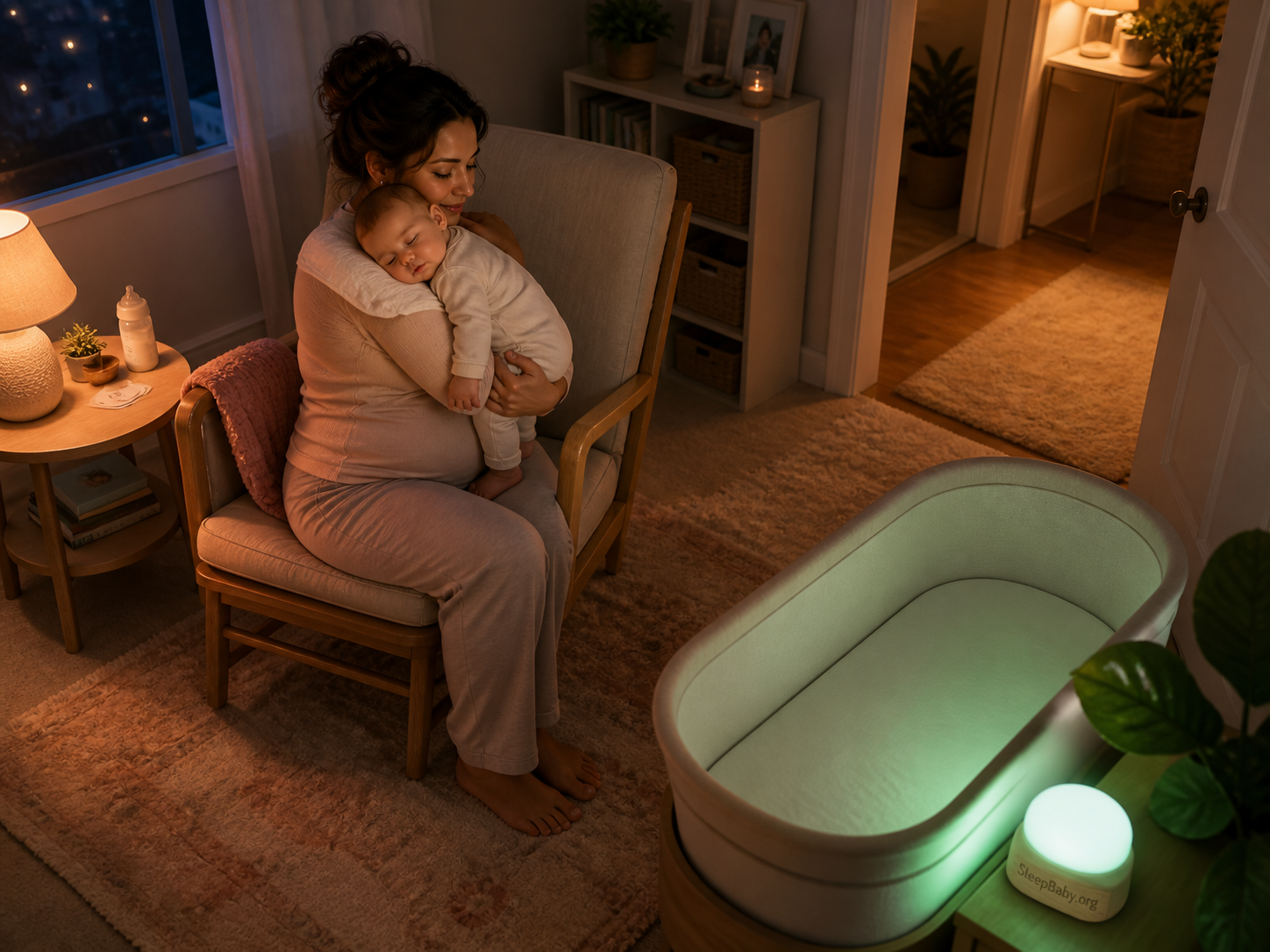 Caregiver pauses with a sleeping baby after feeding as lighted room paths lead toward reassessment, help, or an empty bassinet.