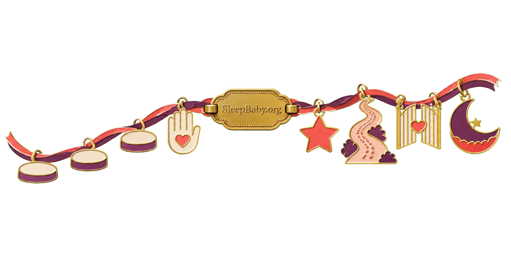 Coral and gold charms climb from stepping stones to a stop hand, star, winding path, open gate and crescent safe base.