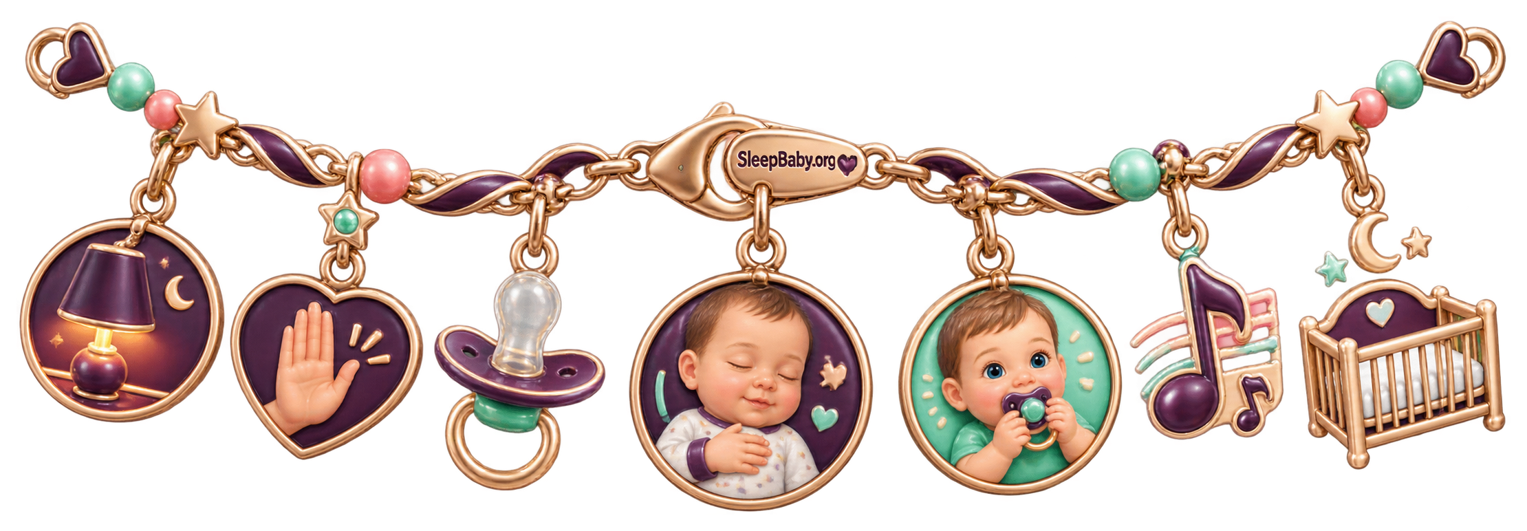 Action ribbon showing a dim room, pause, plain pacifier, supervised practice, and empty crib.