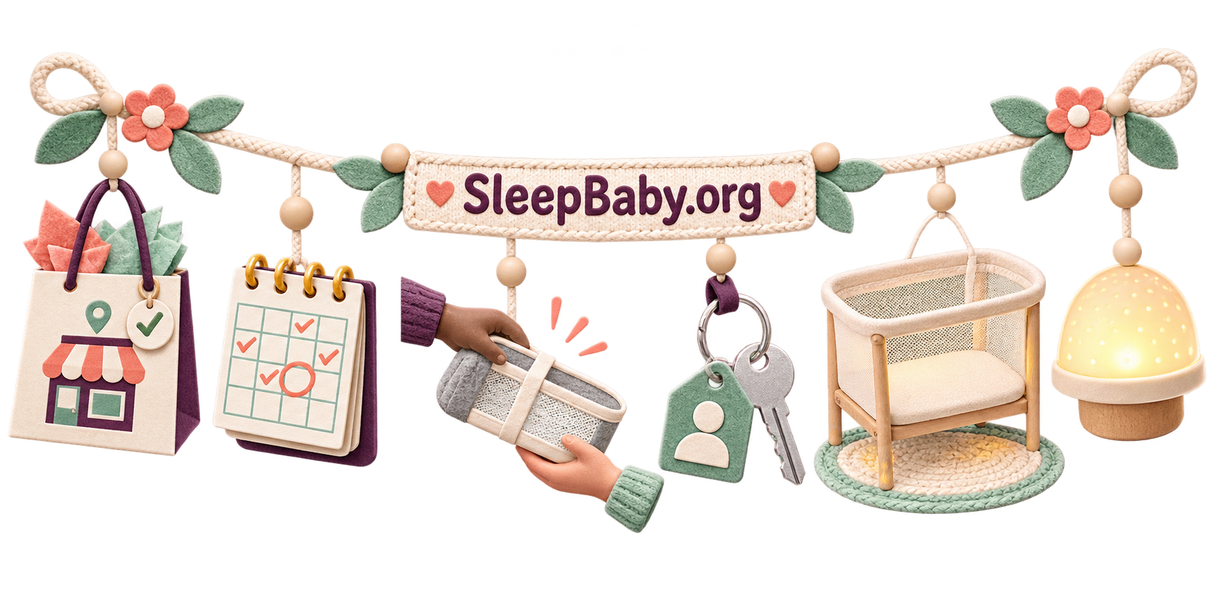 Purchase, rental, handoff, and account symbols lead toward an empty bassinet and warm night-light