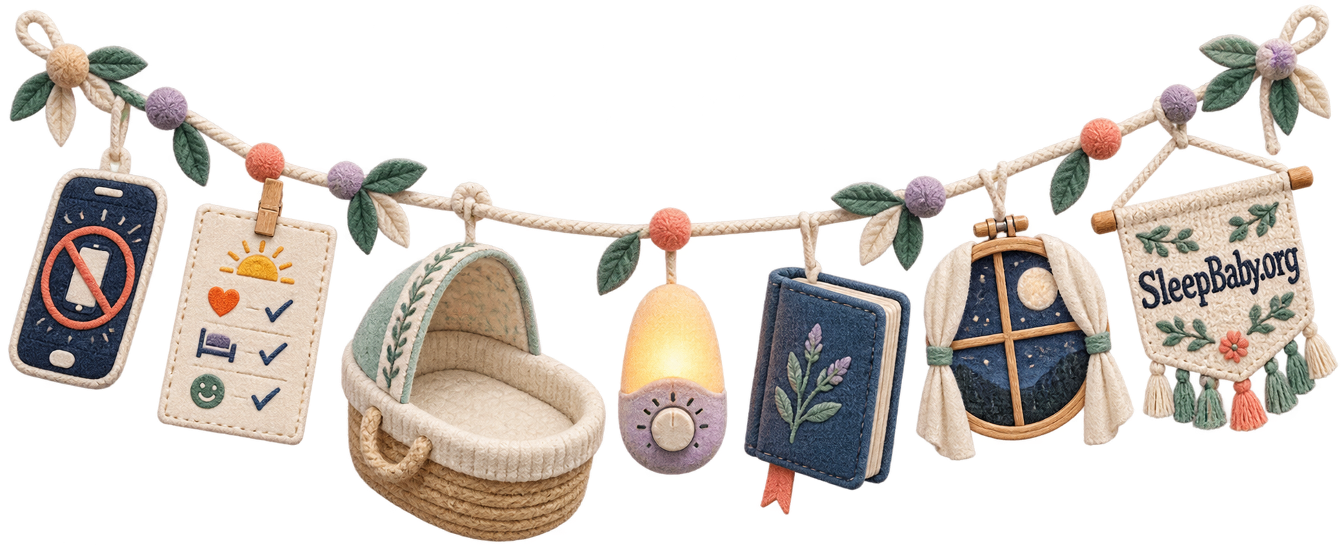 A face-down phone and completed checklist lead toward a book, empty bassinet, and warm next-sleep light