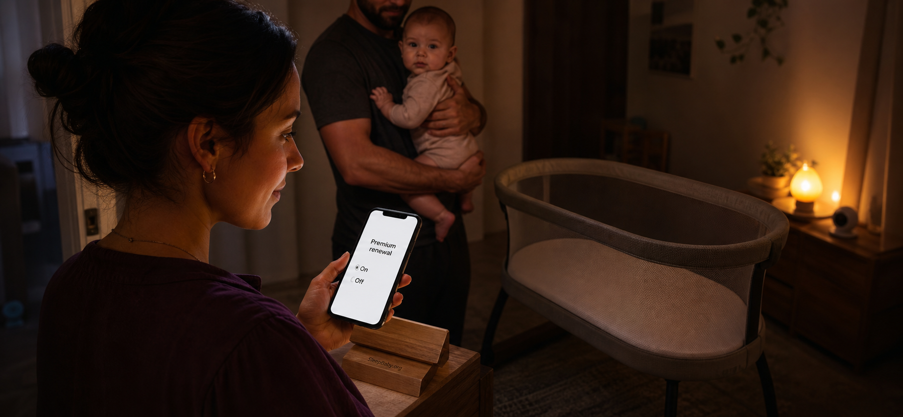 Mother reviews a Premium renewal choice while another caregiver holds an awake baby beside an empty bare bassinet at night