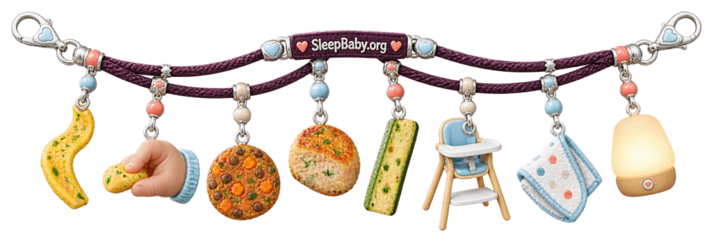 A plum SleepBaby.org strand shows an omelet strip, squash-test hand, soft patties, tofu finger, upright high chair, cloth and warm lamp.