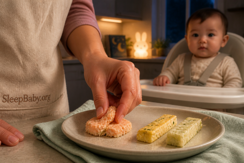 A caregiver collapses a soft salmon-potato cake between two fingers beside tender omelet and tofu shapes while an upright baby watches near a rabbit nightlight.