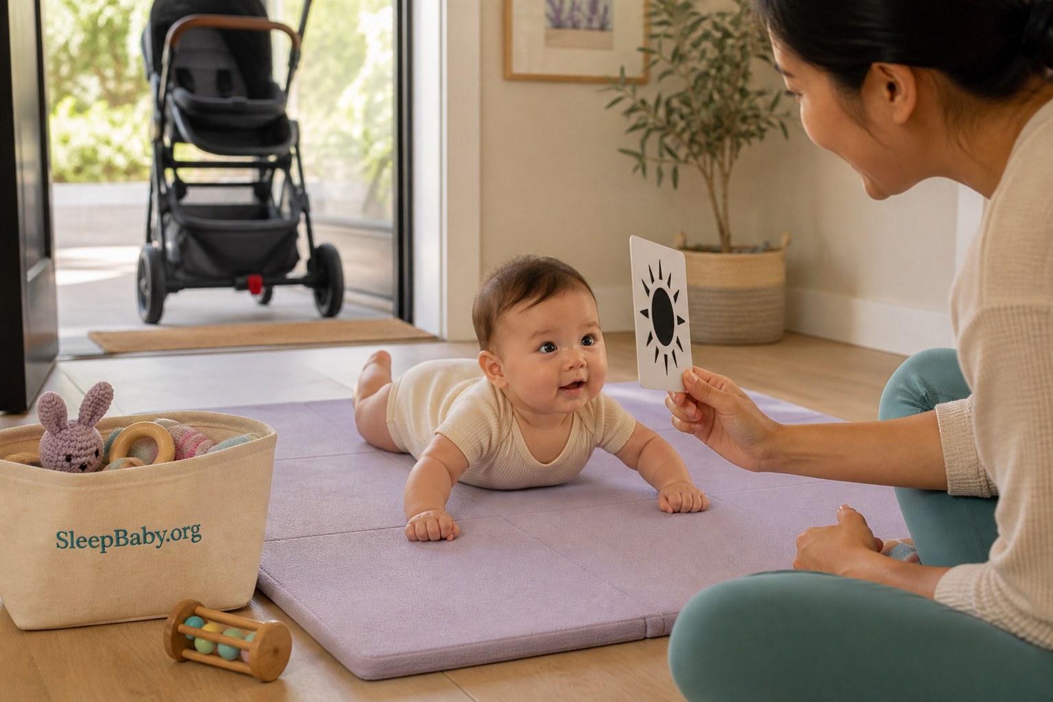 Awake baby lifts the head on a lavender floor mat as a caregiver offers a contrast card; an empty stroller is parked by the door and a basket reads SleepBaby.org.