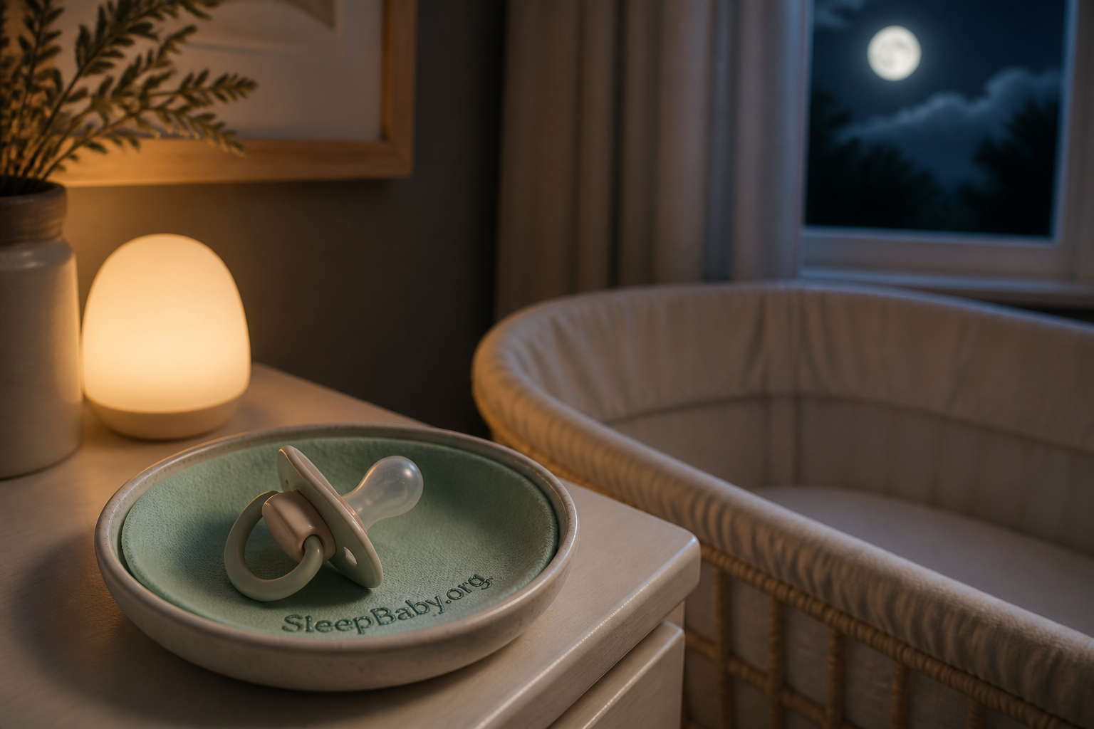 One clean pacifier rests in a mint dish outside an empty bassinet under a warm nightlight.