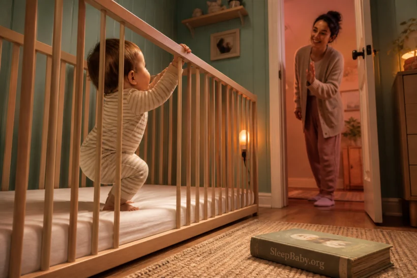 A newly mobile one-year-old practices sitting back down while a caregiver returns calmly at bedtime