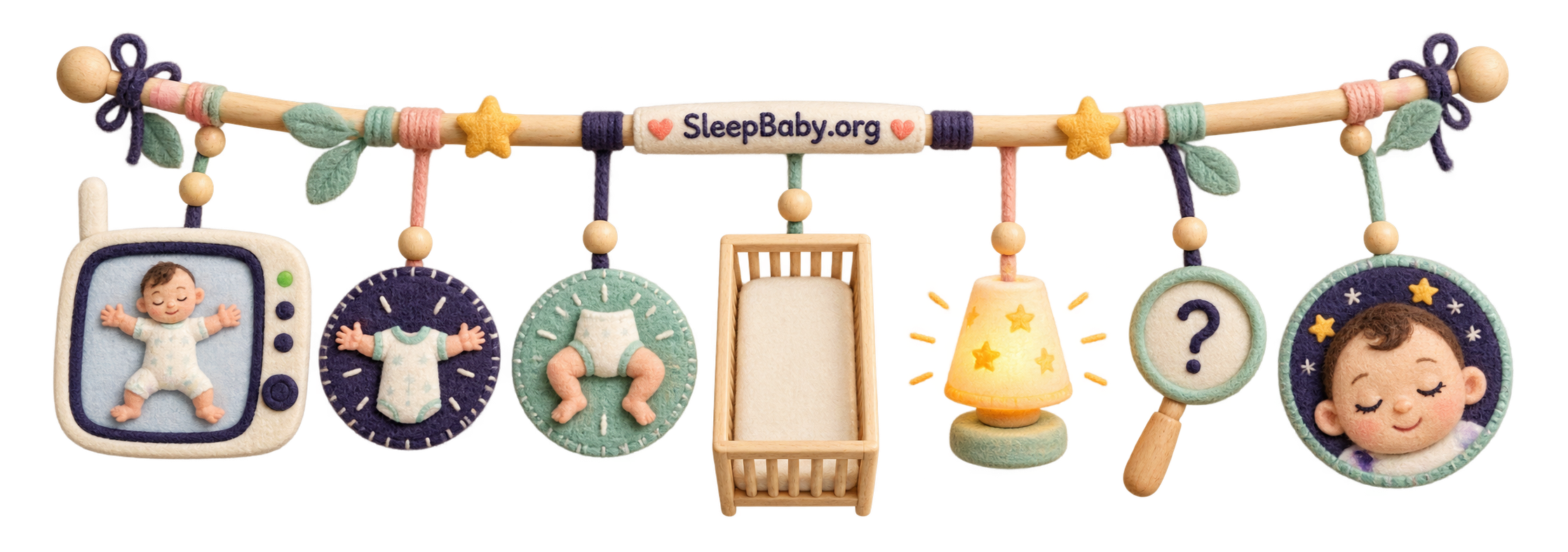 Transparent starfish-pose rail showing a monitor silhouette, open limbs, bare crib, nightlight, question lens, and sleeping face.