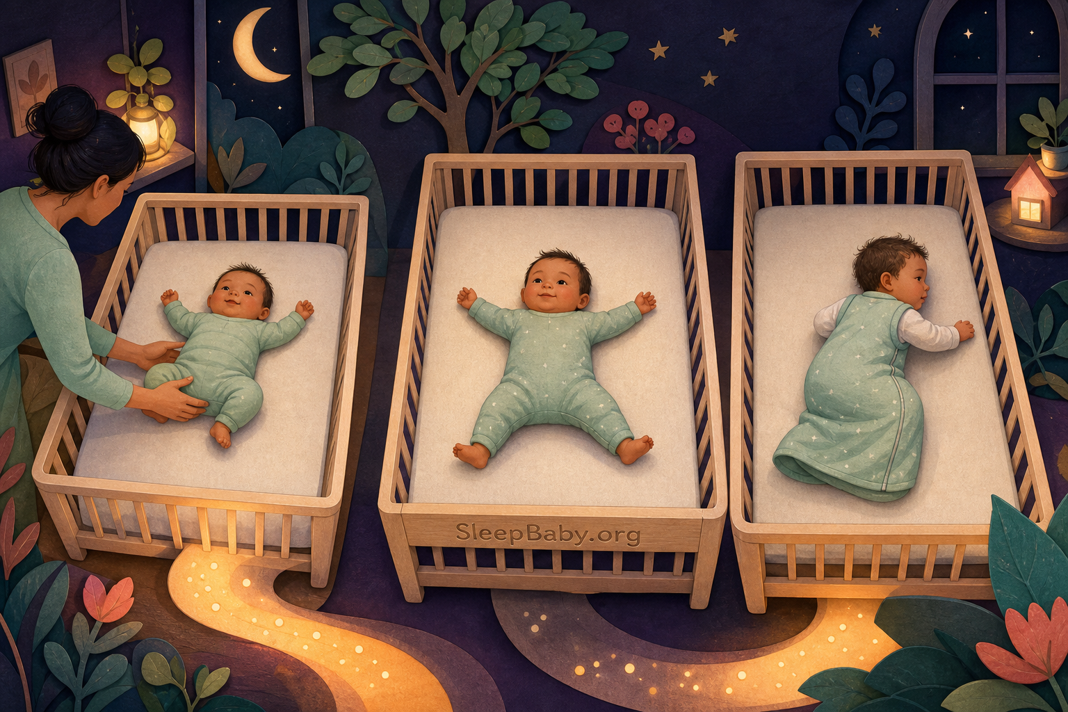 Three-part SleepBaby night scene connects a back start, balanced wide-limbed movement, and an arms-free rolling transition in bare cribs.