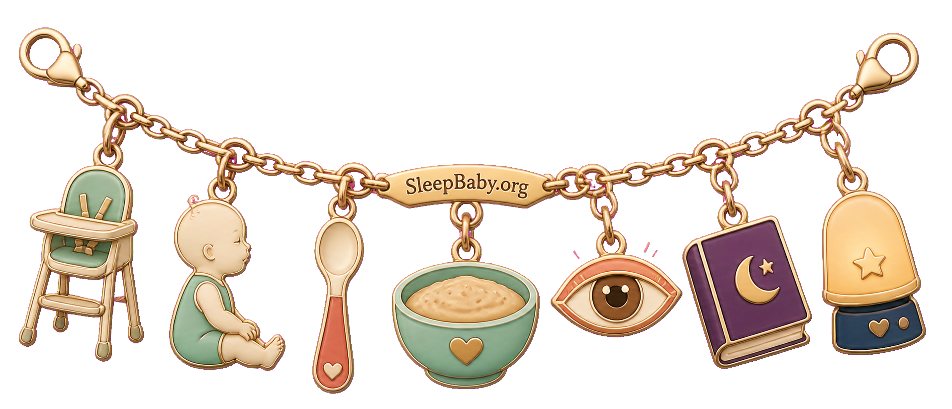 A gold readiness strand links a supportive high chair, upright baby, spoon, cereal bowl and watchful eye to a bedtime book and nightlight.