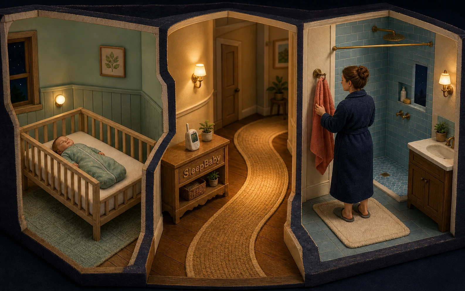 A dimensional cutaway home shows a robed caregiver preparing the shower and, across a curved lit hallway, a baby sleeping on their back in a bare crib with a monitor on a dry console.