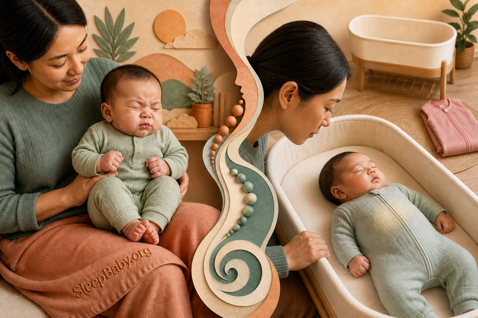 Awake baby bearing down on a caregiver's lap beside a separate view of calm breathing in a bare bassinet