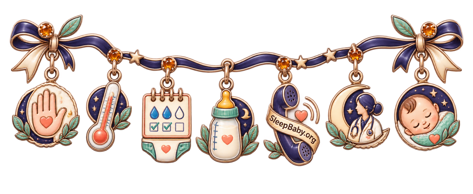 Charm ribbon showing a stop hand, thermometer, wet-diaper tally, feeding bottle, phone, clinician, and resting baby.