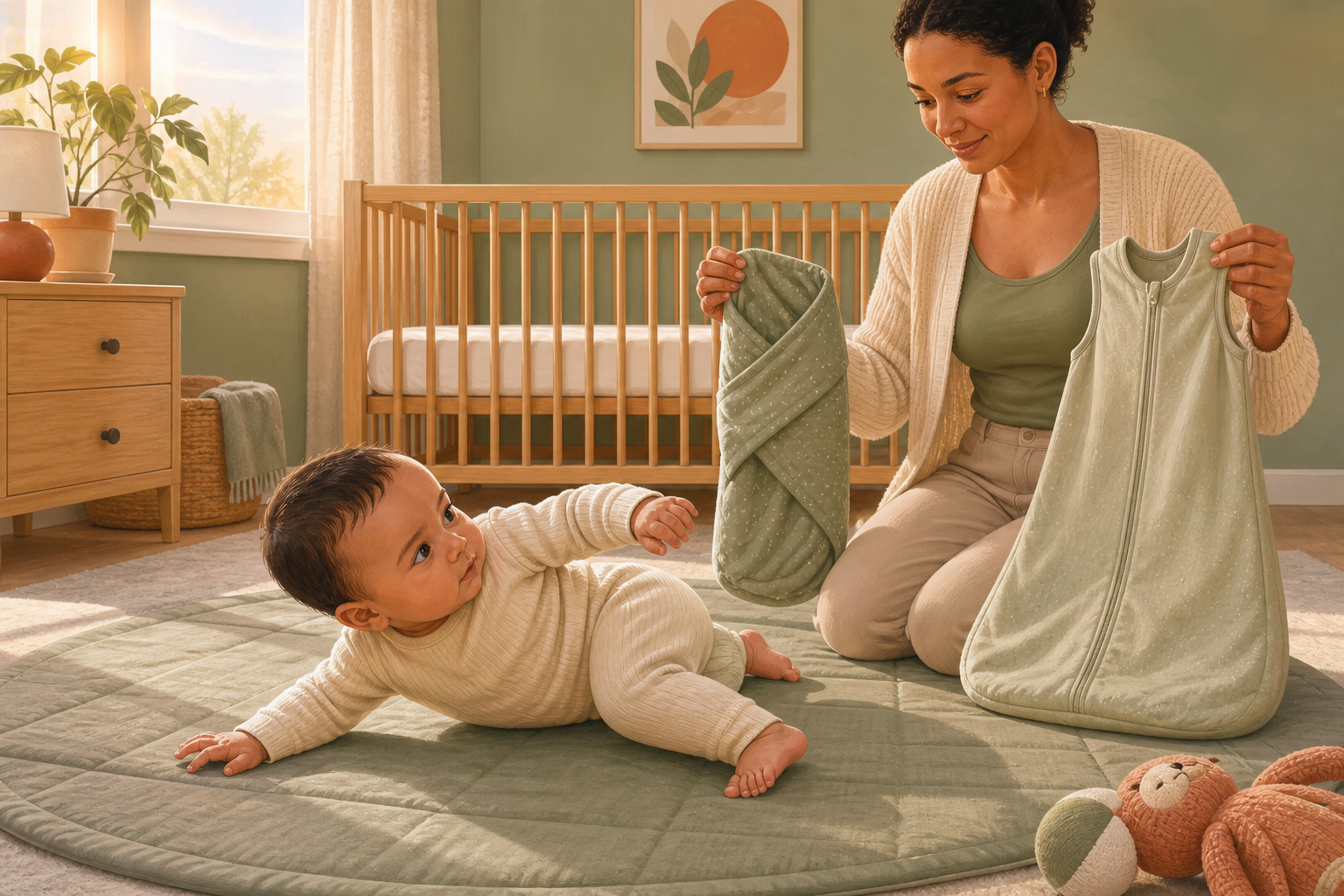 Awake baby starts a side roll while a parent holds an opened swaddle and sleeveless sleep sack beside an empty crib
