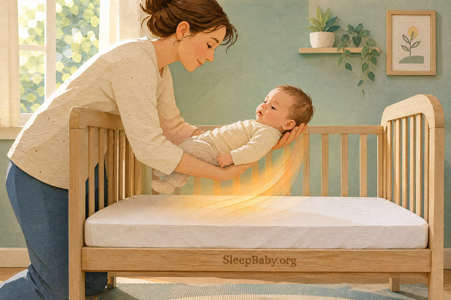 Illustrated caregiver supporting a drowsy baby just above an empty crib while the baby's eyes open.