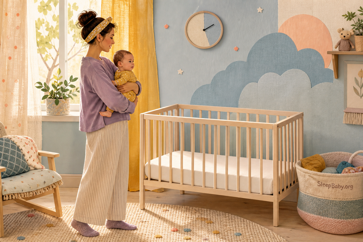 Caregiver holding an alert baby beside a ready crib, with a clock and daylight curtains showing a timing decision.