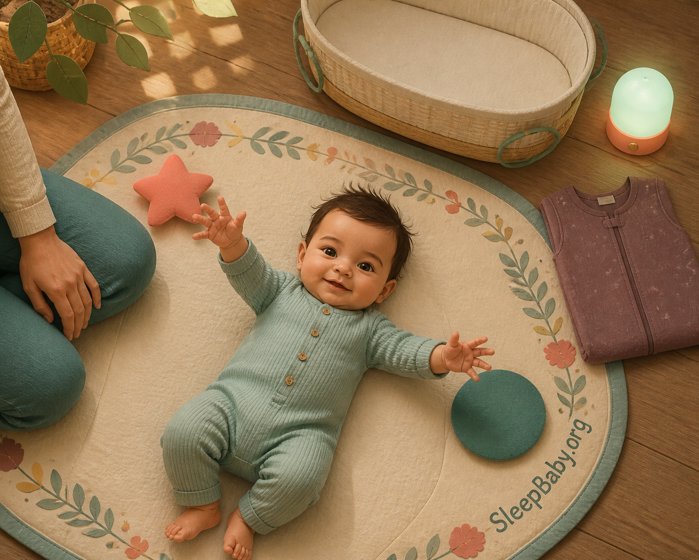 Caregiver observing a calm awake baby move both arms during supervised floor play