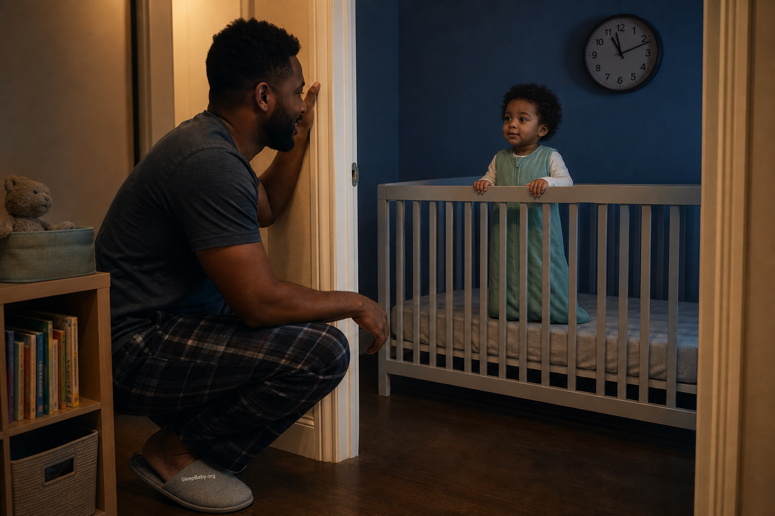 A parent calmly returns a 23-month-old to a safe sleep space during a quiet night waking