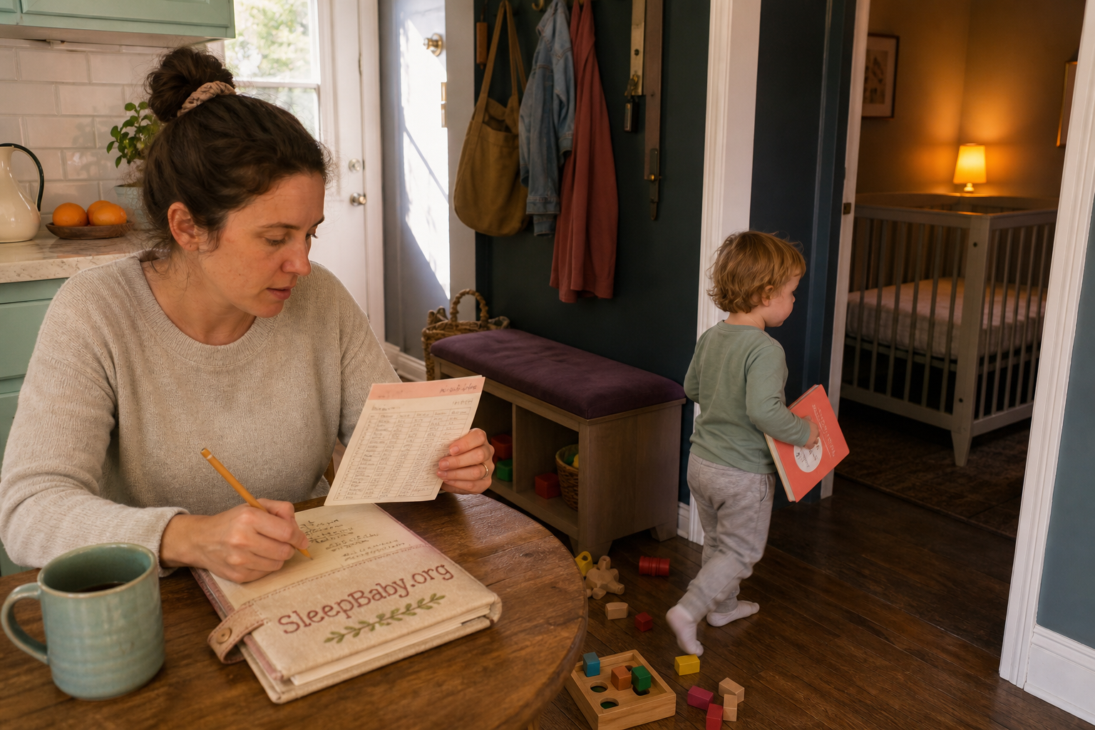 Parent records a child-care nap while a toddler moves from play toward a book and empty crib.
