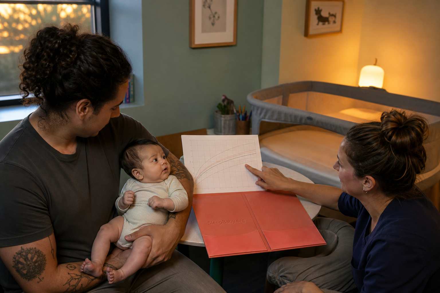 A clinician and caregiver review a longitudinal growth curve and two-part night plan while an awake baby is safely held beside an empty bassinet.