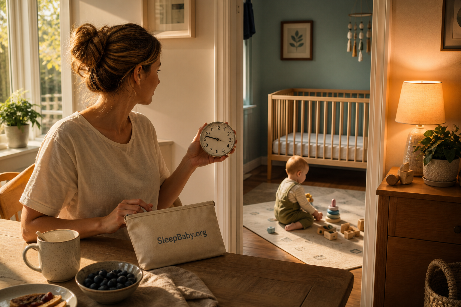 A caregiver checks the clock while her awake 10-month-old plays beside a bare crib between morning light and a warm evening lamp
