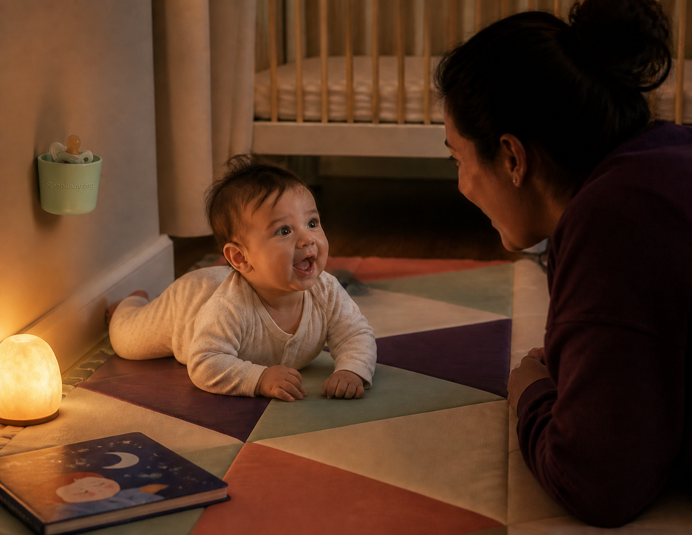 A smiling baby plays with a caregiver near a wall cup used as the pacifier daytime parking place