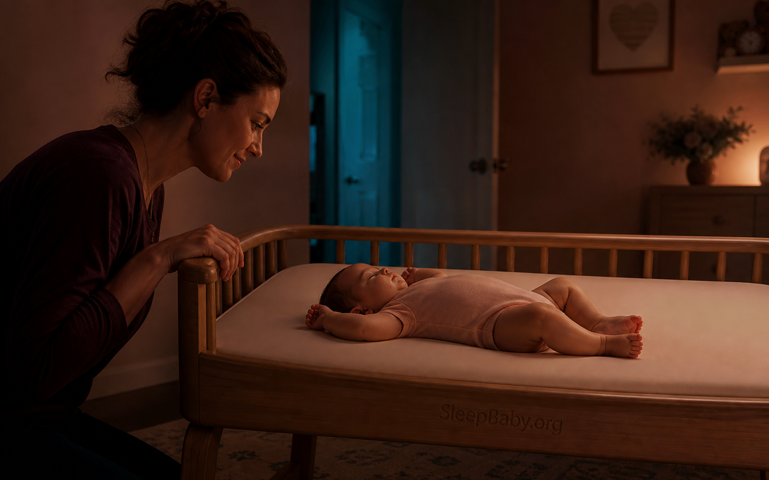 Caregiver checking a bare bassinet while a baby rests safely on their back with arms free