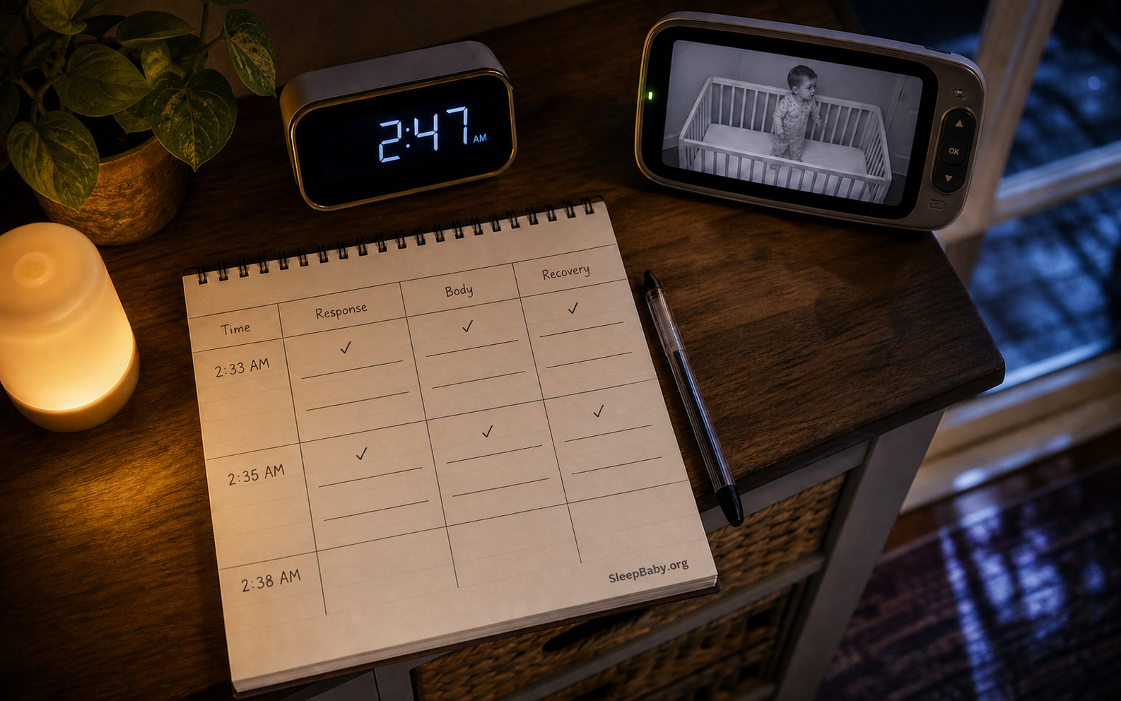 A sparse episode log, 2:47 clock, nightlight, and monitor showing an awake toddler in an empty crib