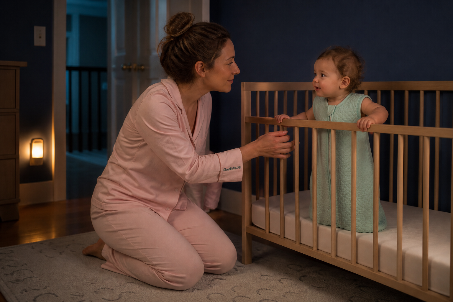 A caregiver kneels beside her awake 10-month-old standing safely in a lowered bare crib at bedtime