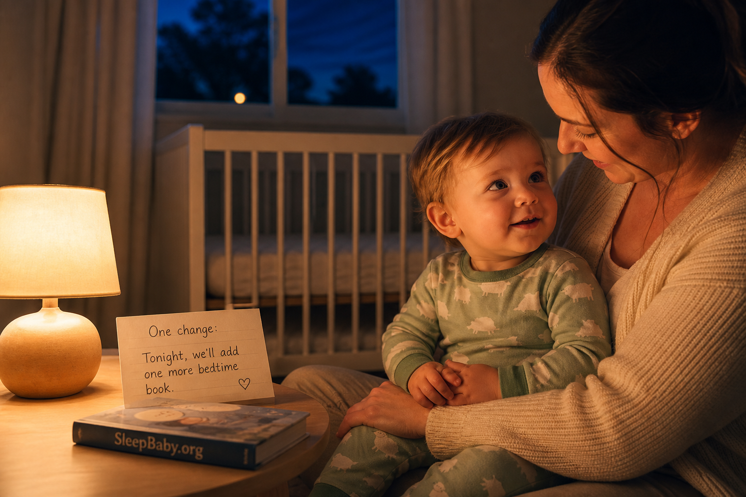 An awake one-year-old in pajamas shares a bedtime pause with a caregiver beside a one-change note, board book and safe empty crib.