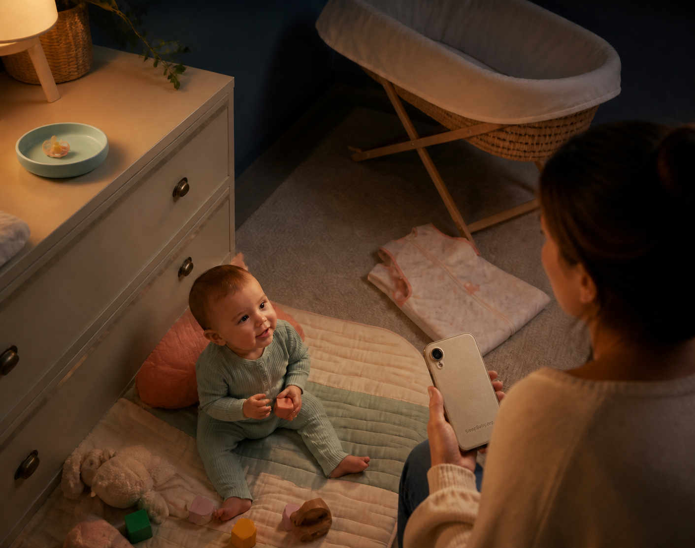 A parent observes an alert baby during floor play while noting different pacifier-use contexts
