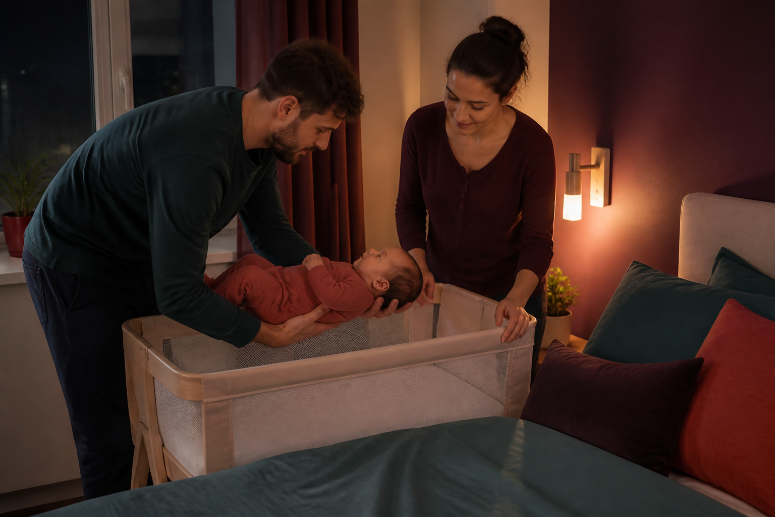 Caregiver lowering a baby into a bare bedside bassinet with a second caregiver ready to soothe after the safe transfer