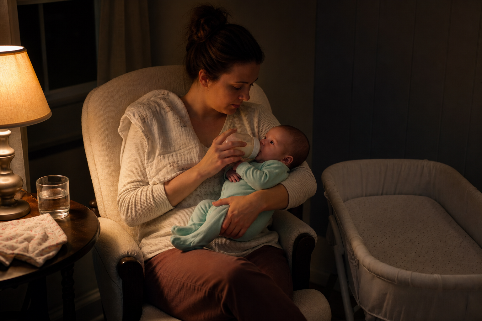 Kacey feeds Benjamin by a warm lamp beside an empty bassinet during a quiet nighttime pause
