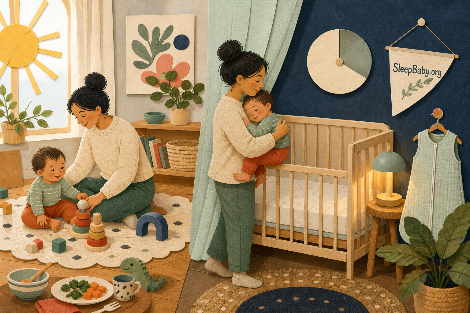 A one-year-old and caregiver move from bright morning play toward a calm midday crib nap as curtains close and a nursery lamp glows.
