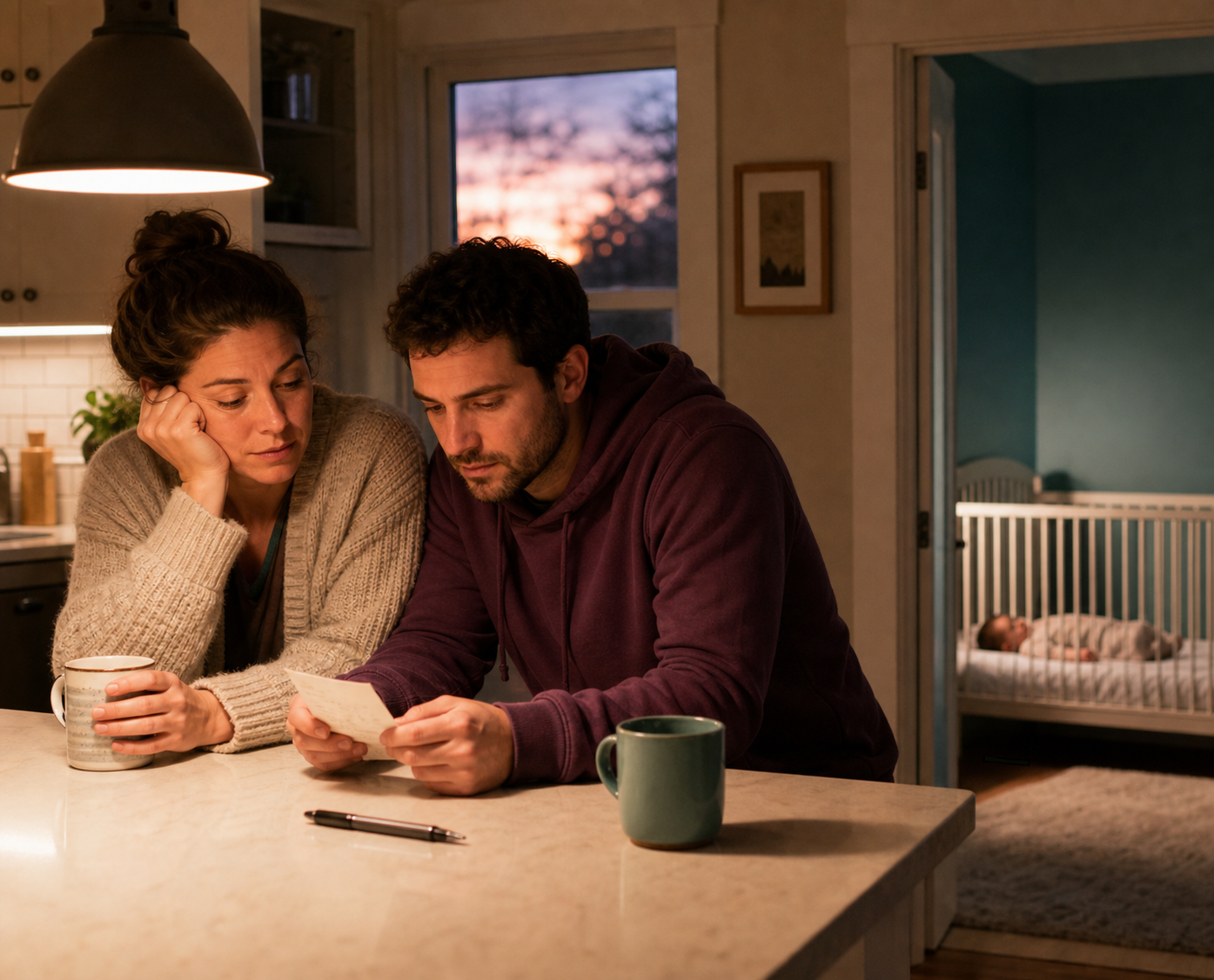 Two caregivers reviewing a simple sleep note after keeping an eight-month-old's bedtime routine steady