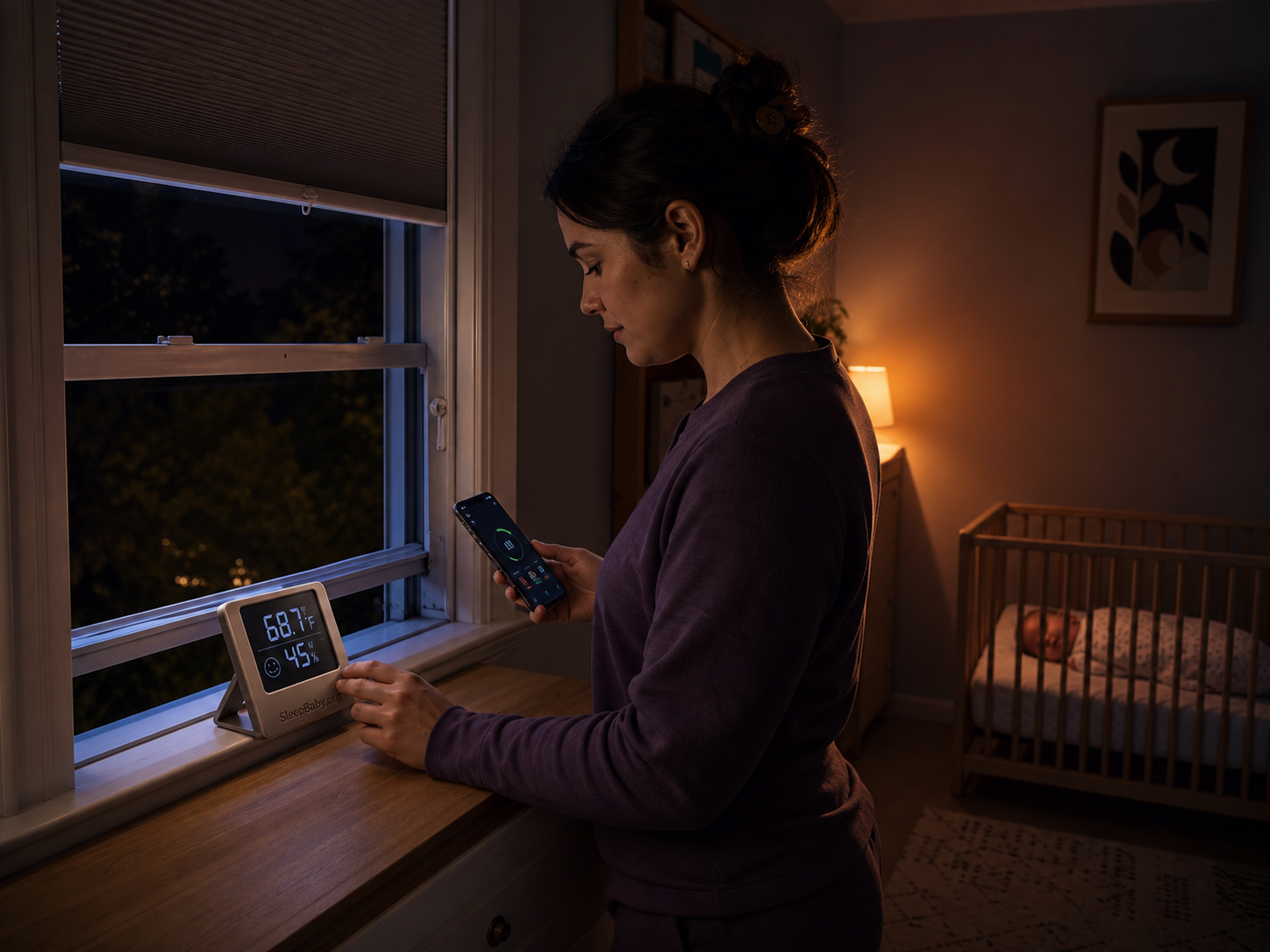 A parent checks a room thermometer and outdoor air conditions beside a partially open nursery window while the crib remains in the background
