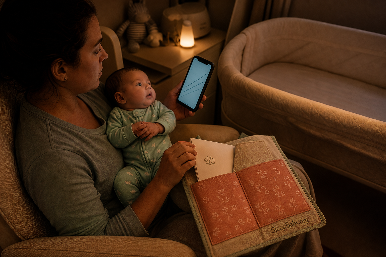 A caregiver holding an awake baby studies a portal growth curve and a two-pocket night-plan folio beside a warm-lit empty bassinet.