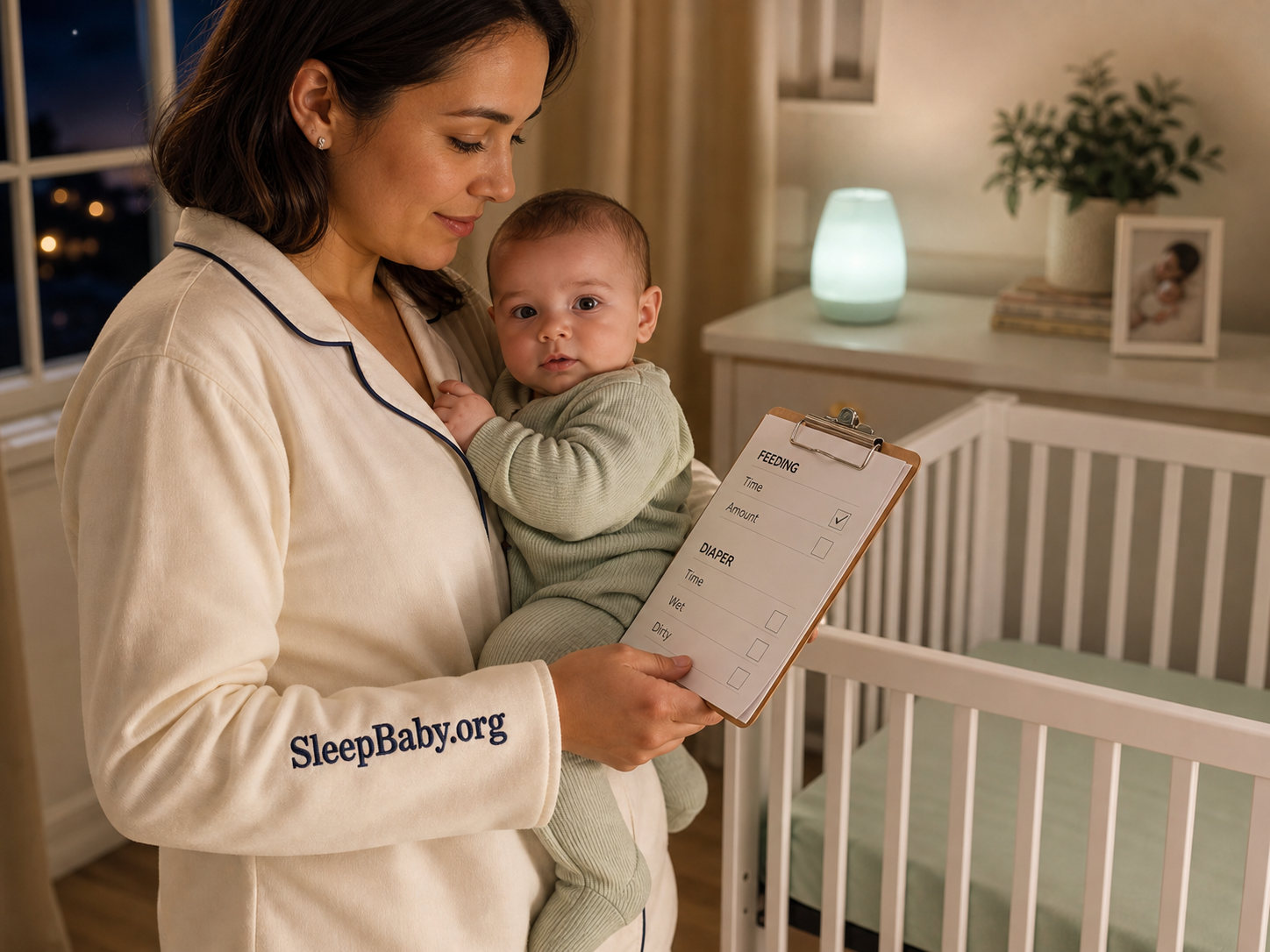 A parent checks feeding and diaper needs while holding an awake baby beside an empty crib.