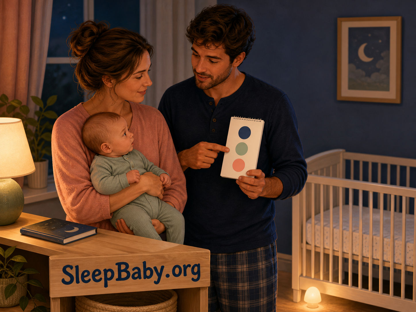 Two parents practice a three-step bedtime response while one holds their awake baby safely.