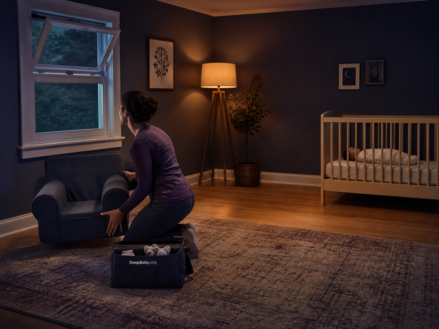 A parent moves a chair away from an open nursery window while the baby's crib remains clearly across the room