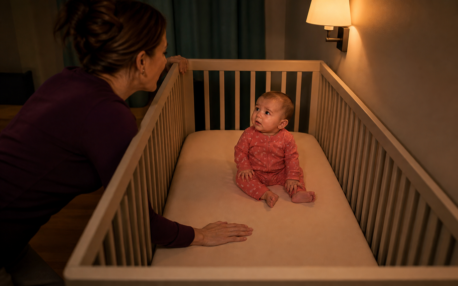 Caregiver calmly resetting an alert eight-month-old in a bare full-height crib while keeping the sleep space firm and empty