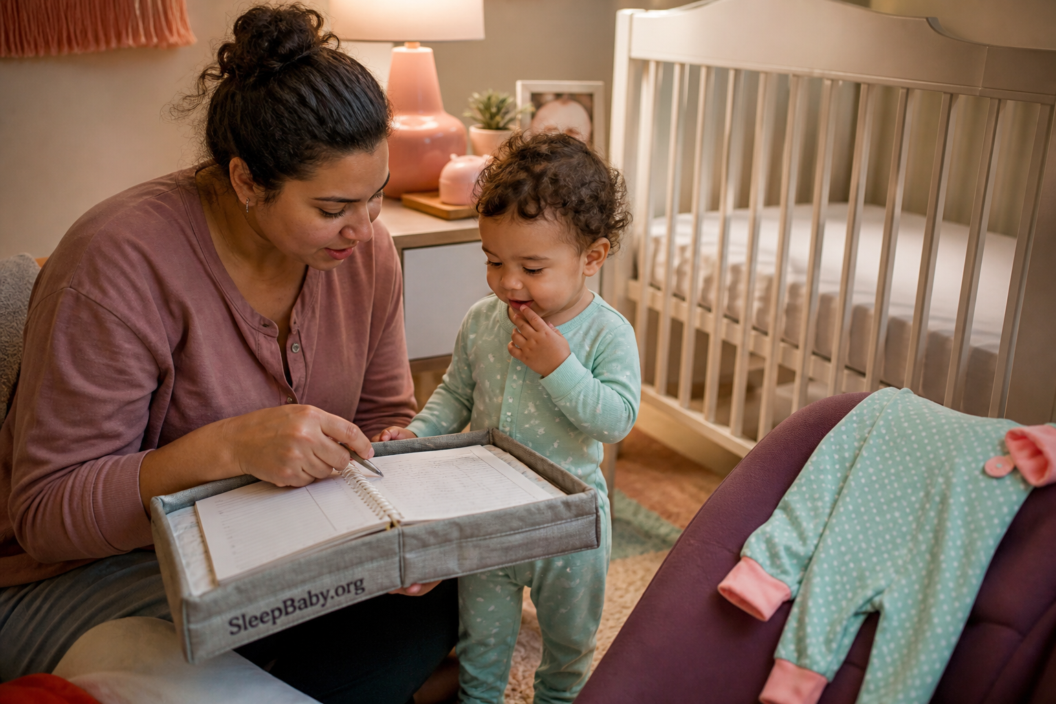 A caregiver and awake one-year-old review a sleep log beside pajamas and a safe empty crib before bedtime.