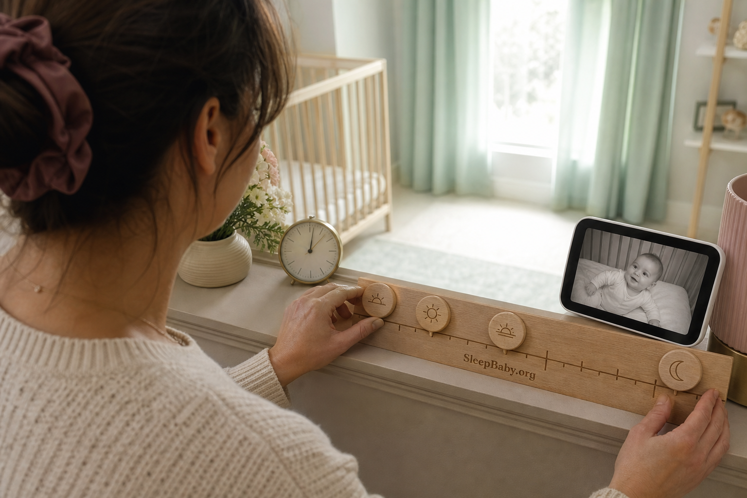 A caregiver moves a wooden day marker after seeing her awake 10-month-old on the monitor beside a bare crib