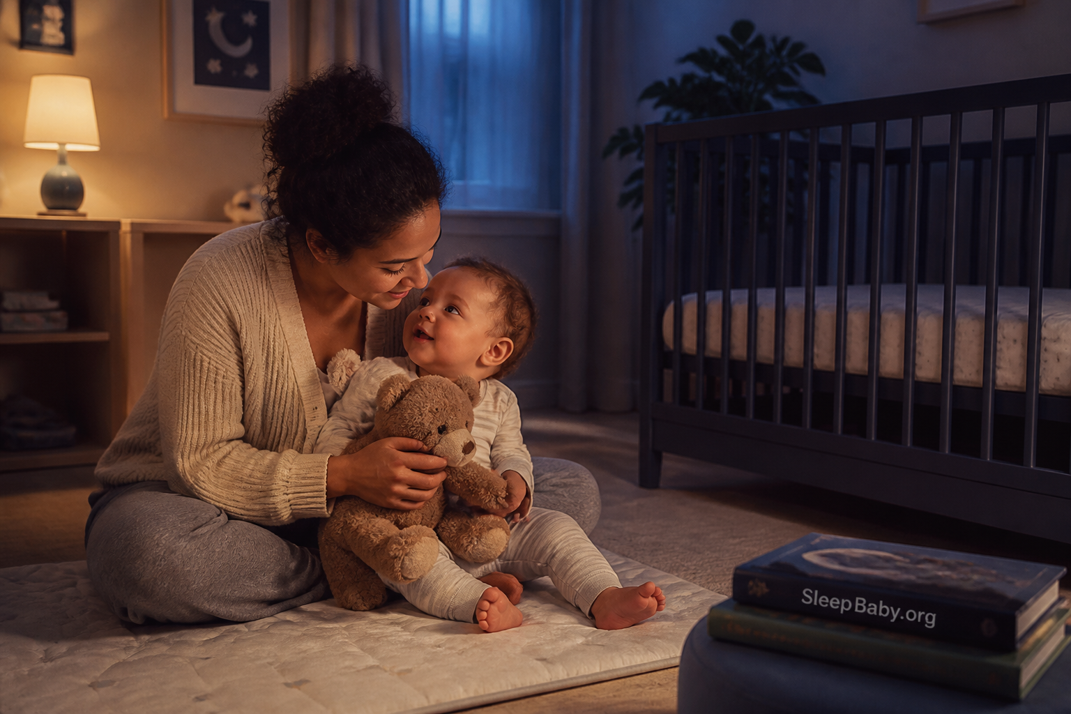 Caregiver and awake baby cuddle a teddy during supervised wind-down beside a visibly empty crib
