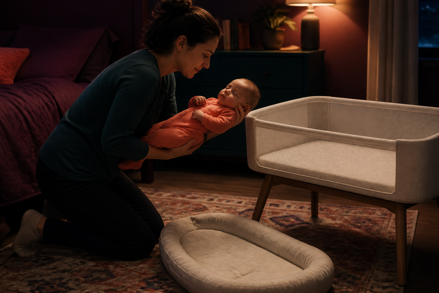 Caregiver moving a sleeping baby from a padded lounger on the floor to a bare firm bassinet at night