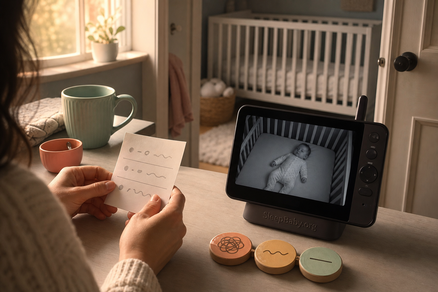 At dawn, a caregiver compares three days of observations while a monitor shows her 10-month-old asleep safely in a bare crib