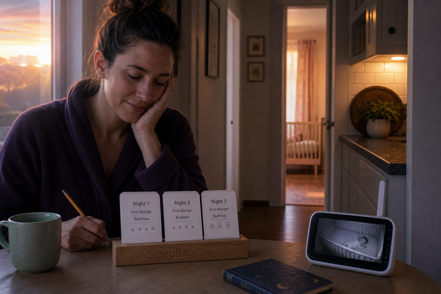 Three nights of sleep clues at dawn At dawn, a caregiver reviews three night cards while a monitor shows a 15-month-old sleeping safely in a bare crib
