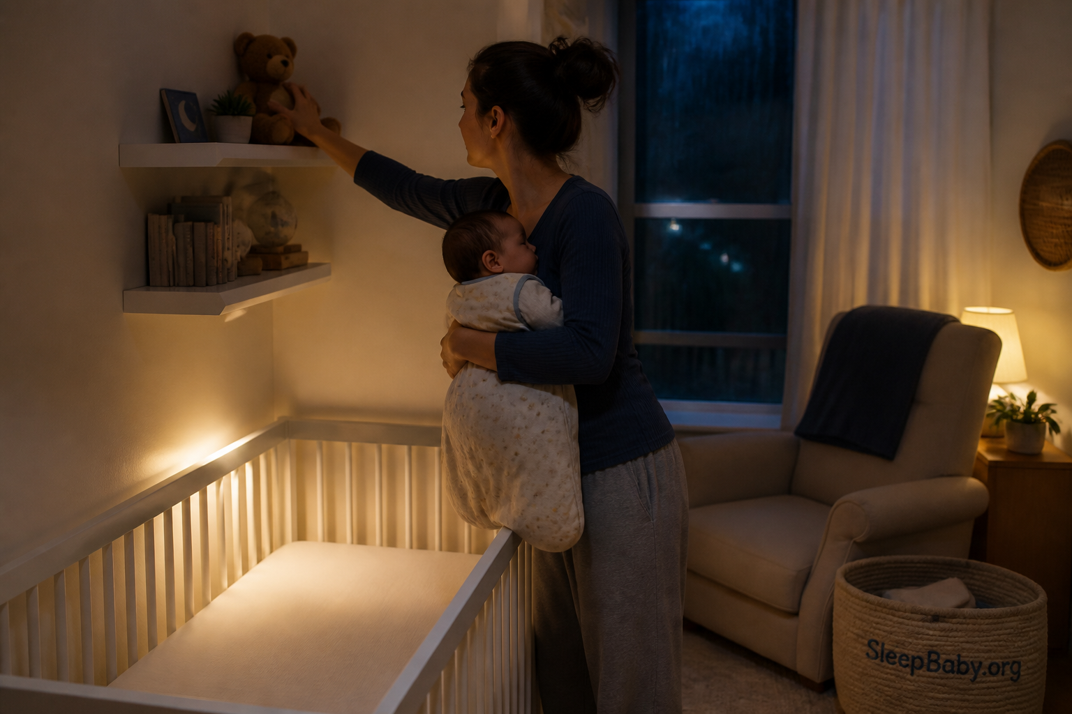 Caregiver parks a teddy bear on a high shelf before placing a sleep-sack-clad baby in a clear empty crib